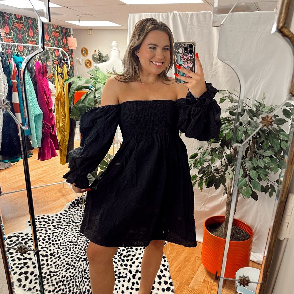 Kourt Swiss Dot Off Shoulder Long Sleeve A-Line Mini Dress Black Size Large